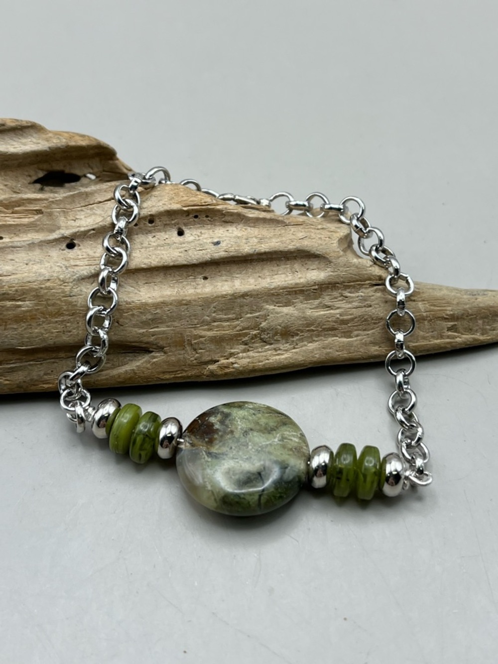 Silver Tone Rhyolite Gemstone Bracelet | Green Stone Beaded Chain/ boho chic